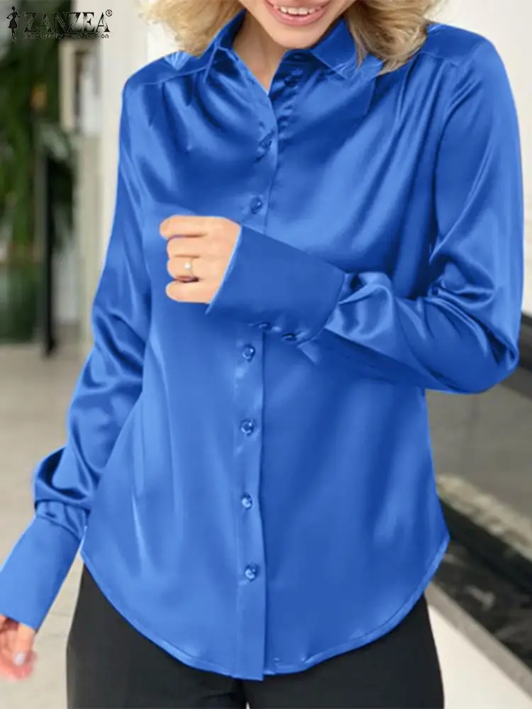 Femei, Bluze din Satin ZANZEA 2022 Toamna Elegant OL Tricouri Casual cu Maneci Lungi Rever Blusas de sex Feminin Butonul Topuri Combinezon Supradimensionate