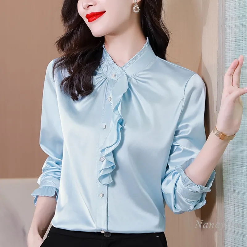 Satin Bluza Femei cu Maneci Lungi 2022 Toamnă Violet Ciufulit Stand Guler High-End de Top Office Lady All-Meci Bluze de Culoare Solidă