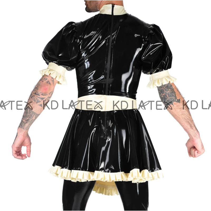 Sexy French Maid Latex Rochie Cu Dungi Si Puff Mâneci Scurte Șorț cu Fermoar La Spate Cauciuc Uniformă Bodycon Costum LYQ-0181