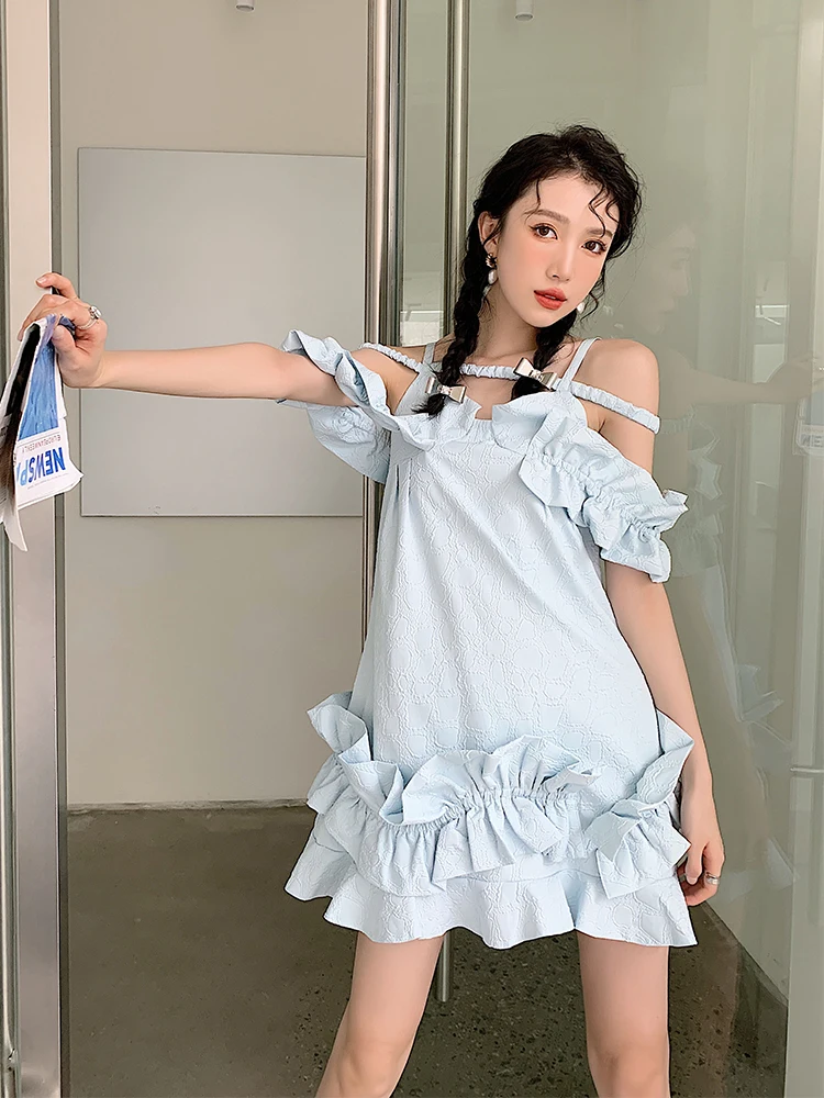 ZCSMLL Textura Designer De pe Umăr Volane Rochie coreeană Pentru Femei 2022 Vara Skye Blue O Linie Rochie Mini de Îmbrăcăminte