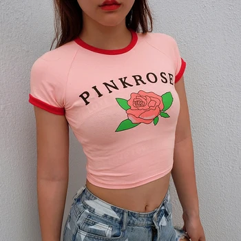 2019 nou slim rosie scurta conducte de contrast de culoare gât rotund maneca scurta rose print T-shirt buric talie mare tricou de vara pentru femeie