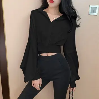 2021 autumnSexy Bluza Femei V-Neck Butonul Maneca Lunga Casual Vintage Culturilor Topuri de sex Feminin în aer liber Șifon Cămașă de Moda coreeană