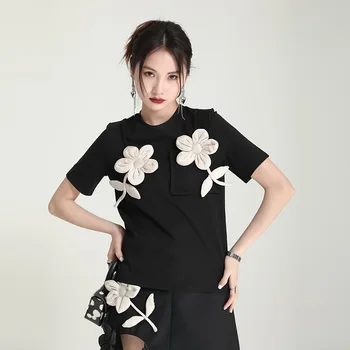2022 Nou Tricou Negru Femei de Vara Tricouri Slim Fit 3D Florale Decora Maneca Scurta Mozaic Pulover Topuri Streetwear