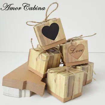 50pcs Nunta cutie de bomboane romantic inima vintage hârtie kraft punga de cadou cu pânză groasă de sac, sfoară chic nunta favoruri și cutie de cadou petrecere