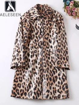 AELESEEN 2022 Toamna Iarna Femei din Piele Trech Pistă de Moda Leopard Print Single-Breasted Eleganta Midi Petrecere de Vacanță Haina
