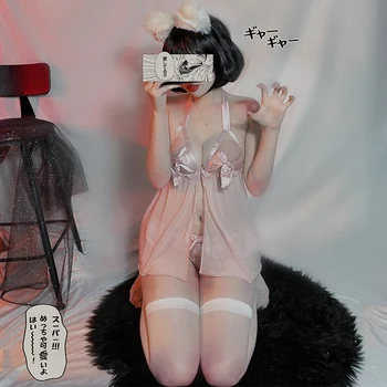 Anime Cosplay Plasă de Perspectivă Cămașă de noapte cu Fundita pentru Femei Rochie de Noapte Vedea Prin Lenjerie Sexy Sleepwear Set de Lenjerie de corp