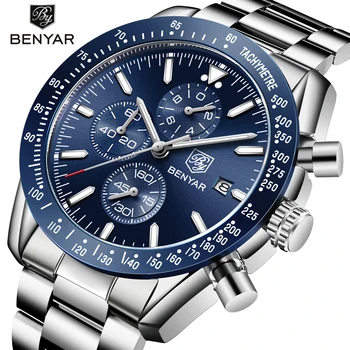 BENYAR Mens Watch Afaceri din Oțel Inoxidabil Bărbați Cuarț Ceas de Brand de Top de Lux Cronograf rezistent la apa Ceasuri Sport