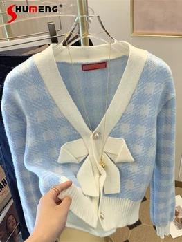 Clasic Stil de Moda Elegant Carouri Albastre Cardigan Tricotate Haina Femeilor 2022 Începutul Toamnei Nou Birou Dulce Doamna V-gât Pulover