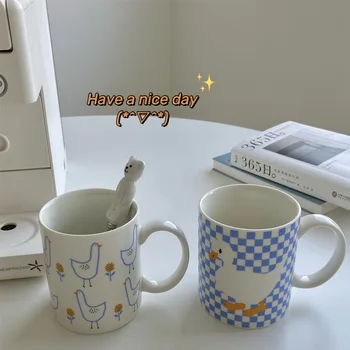 Coreea De Ins Retro Drăguț Rață Crema Albastru Cana Ceramica Fată De Cafea Cu Lapte Mic Dejun Cuplu Cana Cani Cesti De Cafea Pe Cana De Cafea