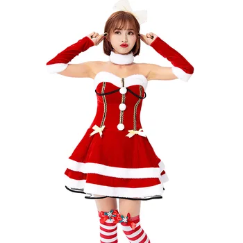 Costume de crăciun Femeie Frumoasă Mini Tort Rochii Roșu Alb Rochie fără Spate Mănuși, Pălării, Fulare 4BUC Set Mos Craciun Pentru