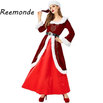 Crăciun Costum De Anul Nou Cadou Femei Femei Rochie De Moș Crăciun Coral Fleece Pălărie De Catifea Centura Costum De Crăciun Regina Performanță