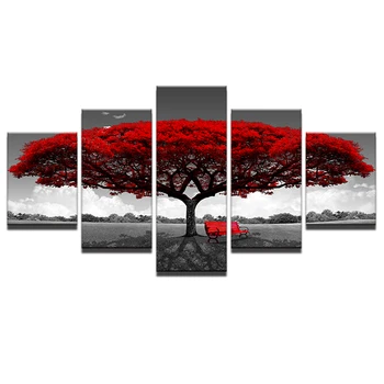 Decor Acasă Hd Tipărite Arta De Perete Poze 5 Bucată Roșie De Artă Copac Peisaj Peisaj Panza Pictura Acasă Decor Pentru Camera De Zi
