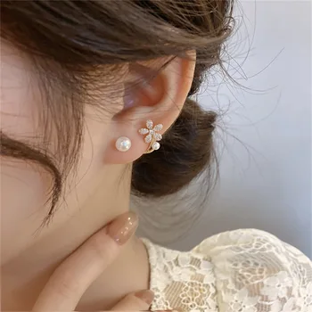 Elegant Floare Perla Cercei Stud Pentru Femei 2022 Coreea Moda Cristal De Lux Piercing Pendientes Cercel Bijuterii
