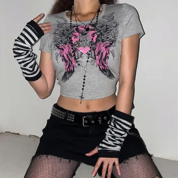 Femei Cu Maneci Scurte T-Shirt Aripa Imprimate Gât Rotund Stil Vintage Tee Cămașă Harajuku Zână Grunge Estetice Emo Alt Topuri Y2k