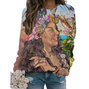 Femei Floare Pictură în Ulei American Leneș Vânt Subțire Pulover Femei Vrac Moda Casual Versatil Mid-Lungime Pulover Cămașă