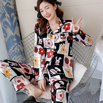 Femei Pijamale Noi Gheață Pijamale de Mătase Pijamale Imprimate cu Maneci Lungi Cardigan Doamnelor Homewear Pijamale Seturi de Pijama