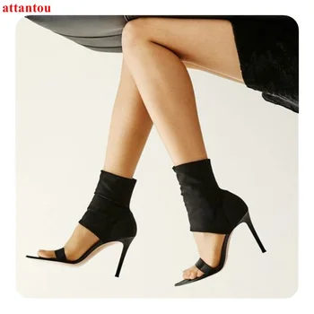 Fierbinte de vânzare Femeile scurt sandale cizme acopere calcaiul elastic negru glezna cizme toc subțire femeie pantofi peep toe tocuri inalte pantofi de sex feminin
