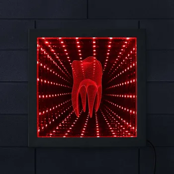 Forma dintilor 3D LED Infinită Oglindă Clinica Stomatologica Optice Iluminat de Lemn Rama Foto Decor Vortex Tunel de Lumina de Noapte Lampa