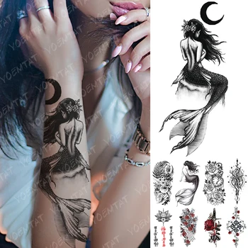 Impermeabil Tatuaj Temporar Autocolant Luna Marea Mermaid Flash Tatuaje Flori Craniu Mandala Body Art Brațul False, Tatuaj Femei Bărbați