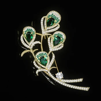 Jade Înger de Aur-Alama placat cu Metal Verde Cubic Zirconia Floare Broșe pentru Femei Moda Bijuterii Accesorii de Îmbrăcăminte