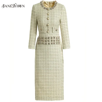 JaneYiren Designer de Moda rochie de Primavara-Toamna pentru Femei Rochie Butonul de Cristal fir de Aur tweed Slim Rochii