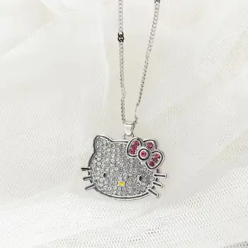 Kawaii Sanrio Hellokitty Drăguț KT de Cat Colier Plin de Diamante Arcuri de Cristal Pandantiv Clavicula Lanț Accesorii