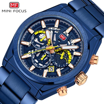 MINI FOCUS Top Brand de Lux Albastru Quarz Ceas pentru bărbați Impermeabil Soare, Luna Fază Omul Ceas Curea din Otel Transport Gratuit reloj hombre