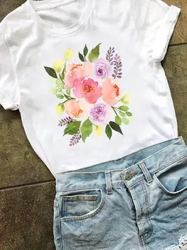 Moda pentru femei Graphic T-shirt Îmbrăcăminte de Imprimare Tricou Maneca Scurta Acuarela Flori Drăguț Haine de Vară Kawaii Basic Tee Top