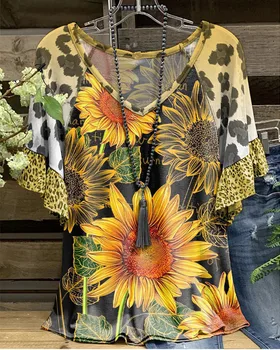 Noi Femeile y2k tricouri Floarea-soarelui Mozaic Mâneci Moda V-neck Emo Îmbrăcăminte de sex Feminin Topuri Streetwear