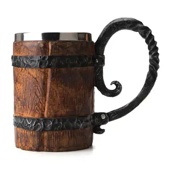 Original Viking Butoi de Lemn Halbă de Bere în Formă de Găleată Drinkware cu Mâner din Oțel Inoxidabil cu Perete Dublu Cocktail Pahare pentru Bar