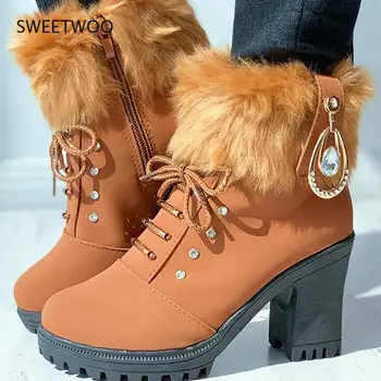 Pantofi cu toc pentru femei cizme cu platforma non-alunecare de pluș cald designer de pantofi noua colectie de iarna
