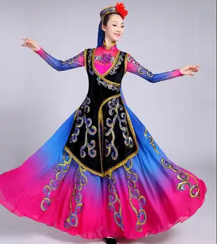 Populară chineză Dans Uigură Tradiționale Xinjiang Femei Dans rochie Lungă Etapă Paiete Folk