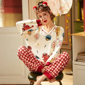 Primăvara Autunm Noi Femeile Bumbac Set De Două Piese Guler Rotund Homewear Drumul Doamnei Casual Pijamale Desene Animate Pijamale Pijamale Costum
