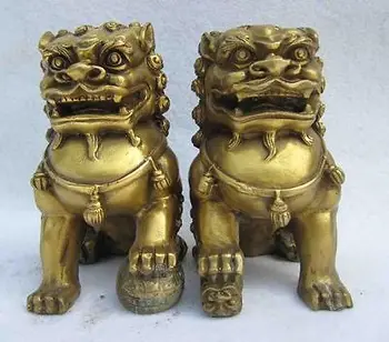 Pur Chineză bronz china Familie Feng Shui Cupru Ușa Foo Câini talisman bestie leu Pereche de Gradina Decor real Alama Bronz