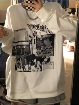 QWEEK Harajuku Grafic de Imprimare Tricouri Femei Streetwear Hippie Gotic Maneca Lunga Tricou Supradimensionat Hip-Hop, Punk Pulover Tricoul