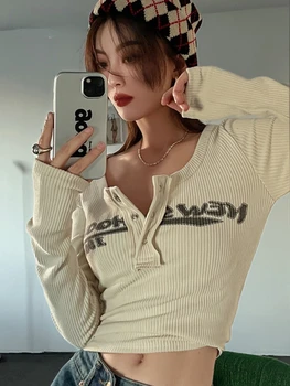 Retro Graffiti Print Elastic Tricou Femei Sexy Slim Crop Top cu Nervuri Maneca Lunga O-gât Topuri Grunge Tee Topuri coreeană