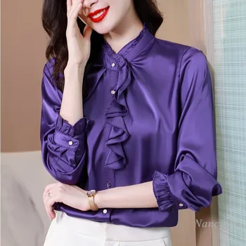 Satin Bluza Femei cu Maneci Lungi 2022 Toamnă Violet Ciufulit Stand Guler High-End de Top Office Lady All-Meci Bluze de Culoare Solidă