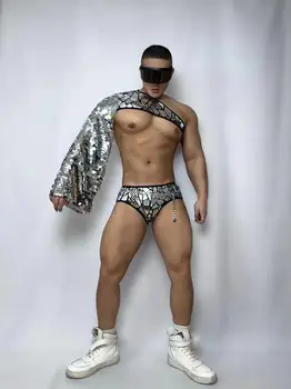 Sexy Argint Sequin Unilaterale Oglindă Costume, Costume de Club de noapte Cântăreață de sex Masculin DJ Spectacol de teatru de Performanță Stabilite Petrecere Costume Tematice