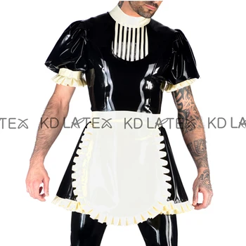Sexy French Maid Latex Rochie Cu Dungi Si Puff Mâneci Scurte Șorț cu Fermoar La Spate Cauciuc Uniformă Bodycon Costum LYQ-0181