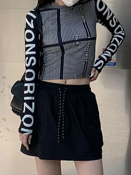 Sunny Contrast Stripe Moto Si Motociclist De Curse T-Shirt Pentru Femei Gotic Techwear Scrisoare De Imprimare Maneca Lunga Slim Coreean De Top Tees