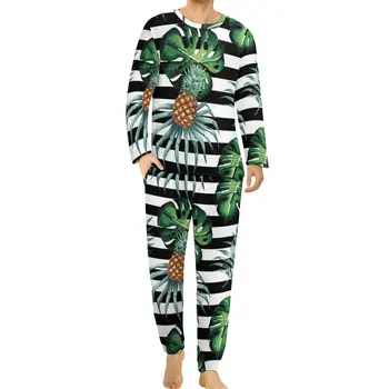 Tropicale Ananas Pijamale de zi cu Zi Dungi Negre Imprimare Kawaii Seturi de Pijama cu Maneca Lunga Casual Pijamale de Dimensiuni Mari 4XL 5XL