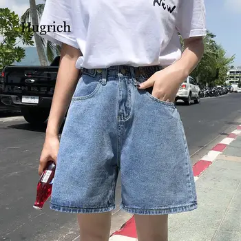 Uzura Stradă Femei Butonul De Talie Mare Harajuku Denim Ori Largă Picioare Pantaloni Scurți Albastru Vânzare Fierbinte De Vară 2021