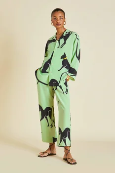Vascoza Cat de Imprimare Pijamale Femei, Pijamale Seturi Casual Verde Set 2 Piese 3/4 Maneca Lunga Pantaloni Pijamas Femei Vrac Acasă Costum
