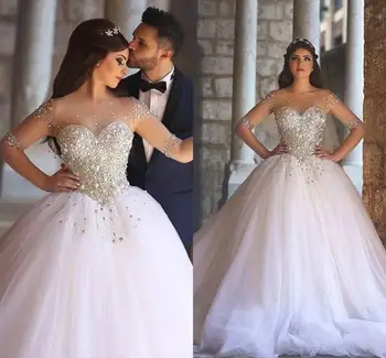 Vestidos De Noiva De Lux Șirag De Mărgele De Cristal Jumătate Mâneci Rochii De Mireasa 2021 Sheer Înapoi Tul Rochie De Bal Arab Dubai Rochie De Mireasa