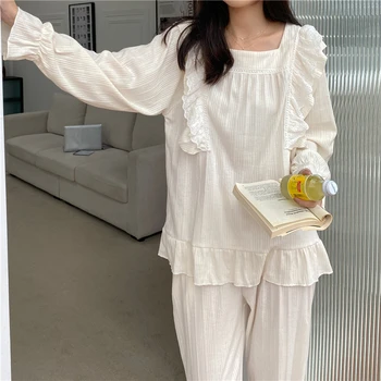 Volane Toamna Set De Pijama Femei Pătrat Guler Camasi Cu Maneca Lunga + Pantaloni Set De Două Piese De Origine Costum Alb Coreean Ins Sleepwear