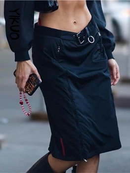 WeiYao Negru Casual Largi Largi de Dimensiuni de Marfă Lung Fuste Femei cu Fermoar Tinute Streetwear Scăzut Talie Fusta Hippie Y2K Moda 2022