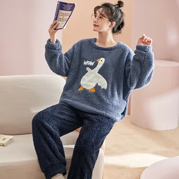 Yasuk de Iarna pentru Femei de Moda Casual Solid Moale Cald Sleepwear Nightgow Liber Pijamale Cu Pantaloni de Flanel Catifea Simplu Rață Dulce