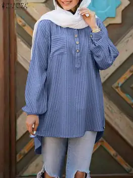 ZANZEA Liber Musulman Tricou cu Dungi de Imprimare Bluza Maneca Plin O-Gât Turcia Abaya Hijab Blusas Elegant de Cauzalitate Vacanță Topuri